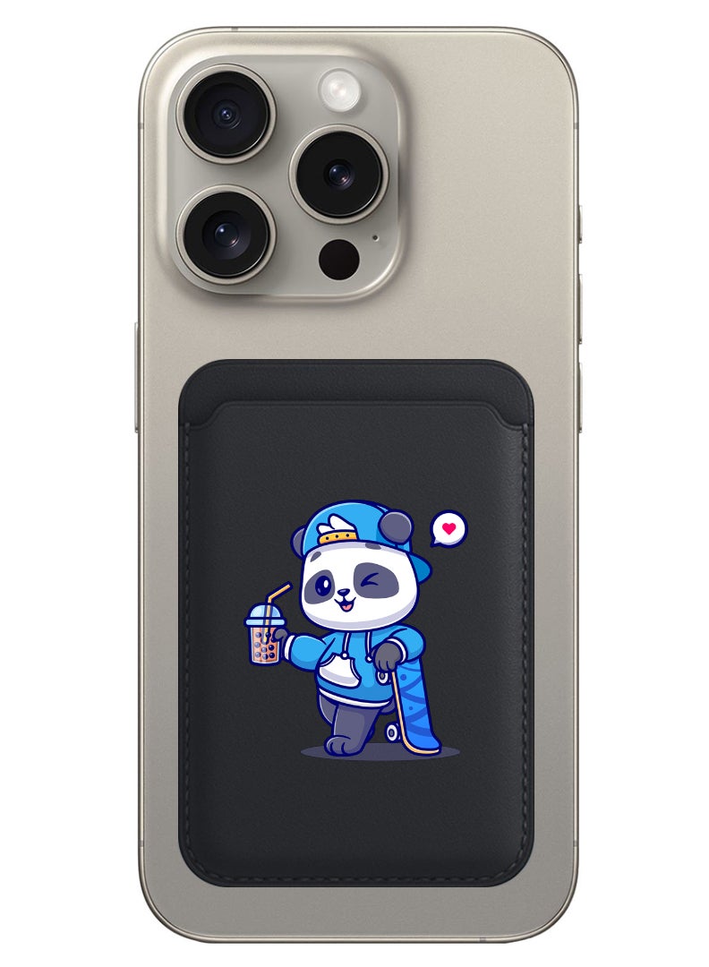 Theodor Magnetic Wallet, Compatible with MagSafe Wallet, for iPhone Wallet, for iPhone 16/15/14/13/12 Series, Not for iPhone 13/12 mini, 3 Card Holder, Vegan Leather, Black - Panda having Drink - Image 1