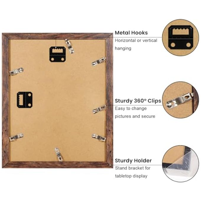 YESKAY 11x14 Picture Frame Set of 9, Photo Gallery Wall Frame Set, Display Pictures 8x10 with Mat or 11 x 14 Without Mat, Multi Photo Frames for Wall Mounting or Table Top Display, Rustic Brown - Image 3