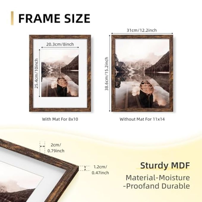 YESKAY 11x14 Picture Frame Set of 9, Photo Gallery Wall Frame Set, Display Pictures 8x10 with Mat or 11 x 14 Without Mat, Multi Photo Frames for Wall Mounting or Table Top Display, Rustic Brown - Image 2