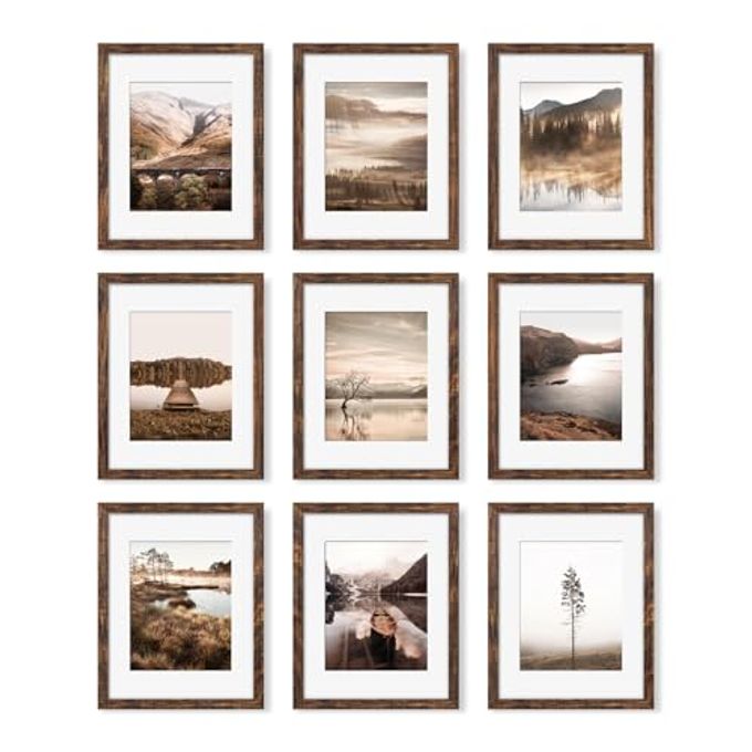 YESKAY 11x14 Picture Frame Set of 9, Photo Gallery Wall Frame Set, Display Pictures 8x10 with Mat or 11 x 14 Without Mat, Multi Photo Frames for Wall Mounting or Table Top Display, Rustic Brown - Image 1