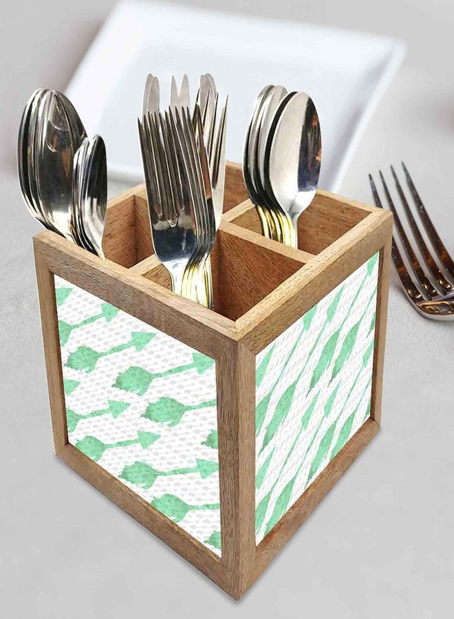 Nutcase Wooden Cutlery Stand Holder Silverware Caddy Spoons Forks Knives Organizer for Dining Table & Kitchen -Made in India-Spoons NOT Included - Green Arrows - Image 2