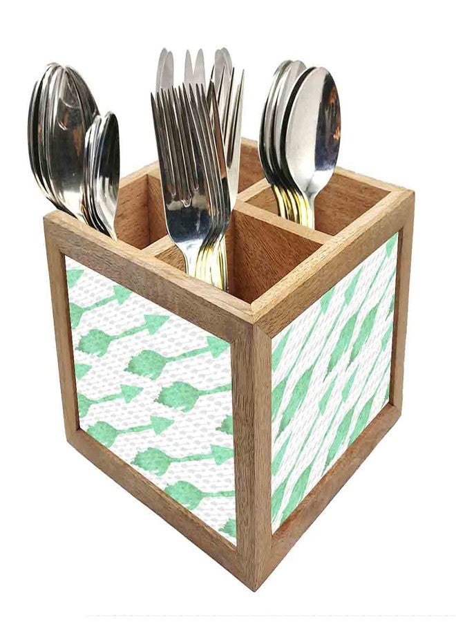 Nutcase Wooden Cutlery Stand Holder Silverware Caddy Spoons Forks Knives Organizer for Dining Table & Kitchen -Made in India-Spoons NOT Included - Green Arrows - Image 1