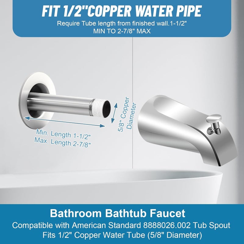 Coolfell Slip On Tub Spout with Diverter, for 1/2" Copper Pipe, Compatible with Kohler GP85556 Bath Tub Spout, Bathroom Bathtub Tub Faucet Replacement, with 5/32" Hex Wrench (Polished Chrome) - Image 3