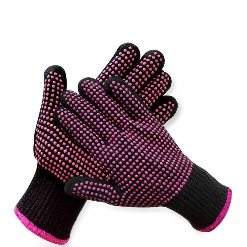 AFT90 2 Pcs Professional Heat Resistant Glove for Hair Styling Heat Blocking Gloves for Curling, Flat Iron and Hair Styling Tools, Silicone Bump, Pink Edge 