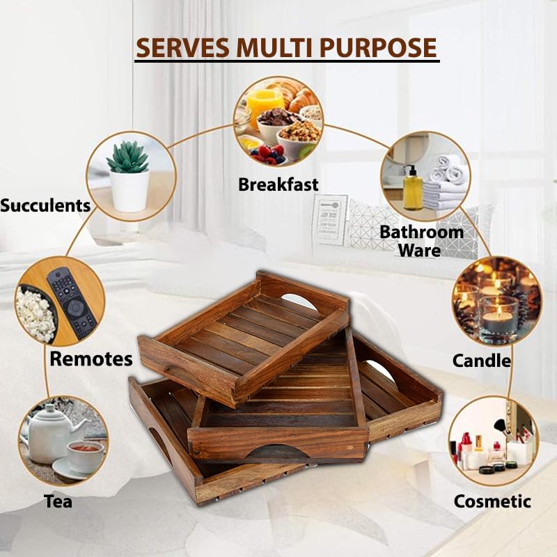 CRAFTARENA Wooden Serving Trays With Handle - Set of 3 Large, Medium and Small - for Breakfast, Coffee Table/Butler - Multipurpose - Image 3