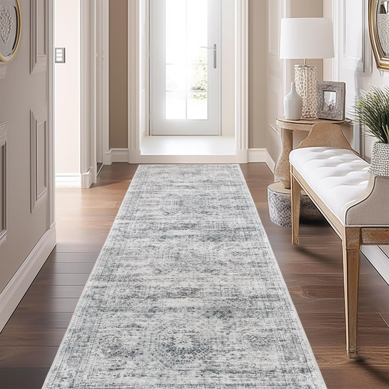 Restydon Long Bathroom Rugs Runner - Washable Runner Rugs for Hallway 2x10, Ultra-Thin Soft Kitchen Carpet Runner, Anti Slip Backing Runner Rugs for Entrance, Bedroom, Living Room(2'x10', Grey/Ivory) - Image 2