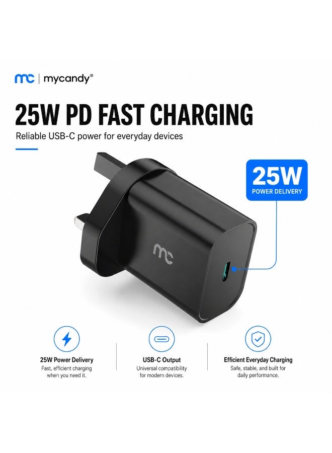 MYCANDY Tc-D25 25W Usb-C Pd Fast Wall Charger For Iphone, Samsung & Usb-C Devices, Black Black - Image 1