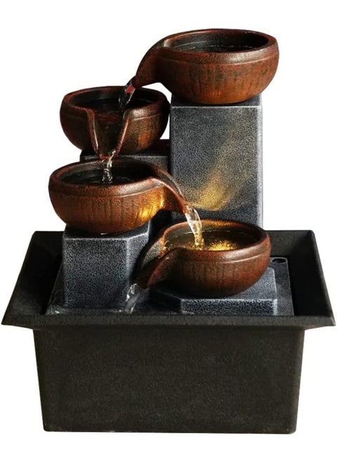 SAUHOHLE Indoor 4-Tier Relaxation Tabletop Fountain Waterfall Function with Warm Color LED Lights and 3-Level Adjustable Water Pump for Home and Office Decoration