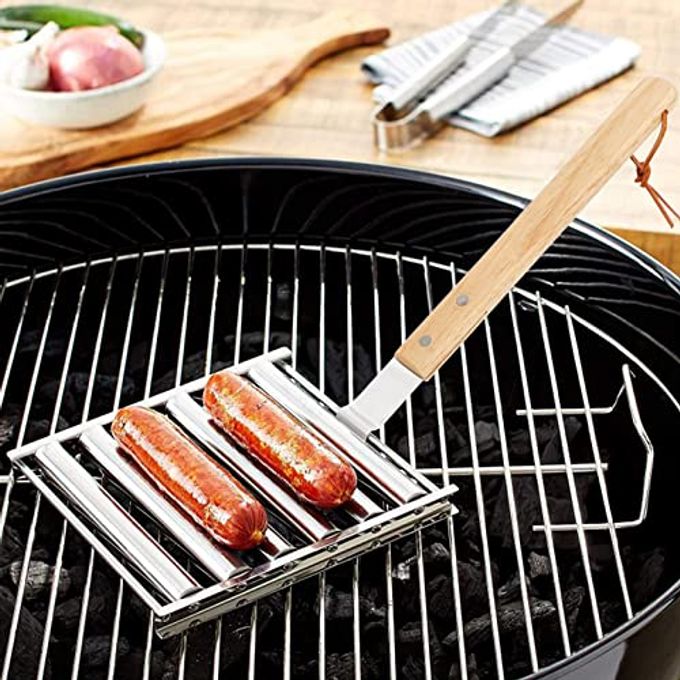 KAYCROWN Hot Dog Roller Sausage Rack with Extra Long Wood Handle, BBQ Griller For Evenly Cooked Dogs, 5 Capacity, Silver - Image 3