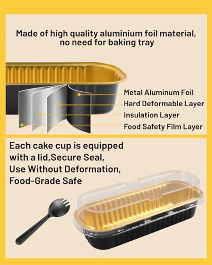 Tikxlafe 50 Pack Mini Loaf Pans With Lids & Spoons, 6.8Oz Rectangle Aluminum Foil Baking Pans, Oven Safe Bread Tins For Brownie, Cheesecake, Lasagna Disposable Food Containers Black - Image 5
