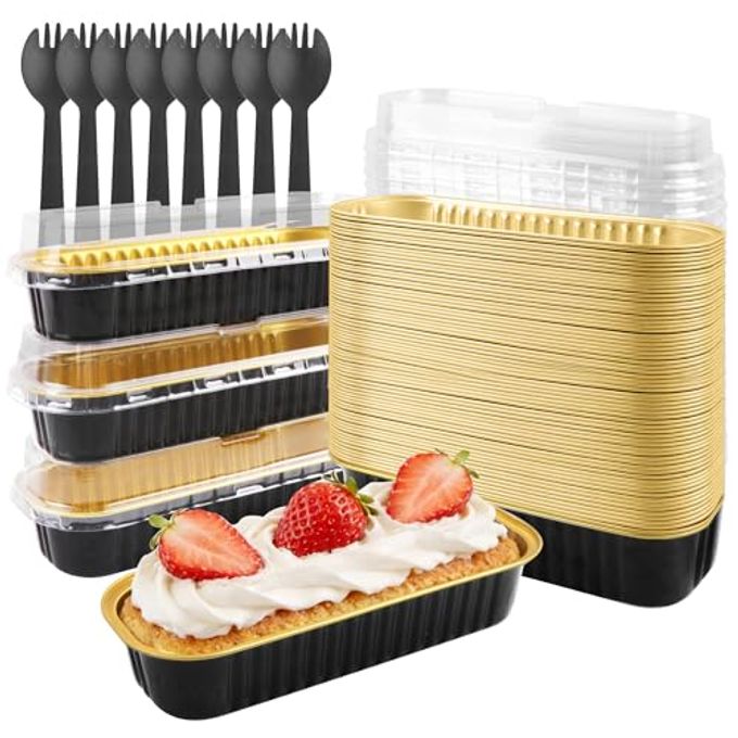 Tikxlafe 50 Pack Mini Loaf Pans With Lids & Spoons, 6.8Oz Rectangle Aluminum Foil Baking Pans, Oven Safe Bread Tins For Brownie, Cheesecake, Lasagna Disposable Food Containers Black - Image 4