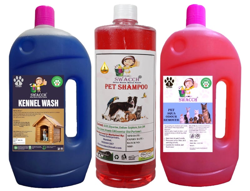swacch Kennel Wash (Lavender) + Pet Shampoo (Jasmine) I Pet Aqua Odour Remover (Rose) 1 Litre Combo Pack of 3 Economical Pack I Dog and Cat Friendly - Image 1