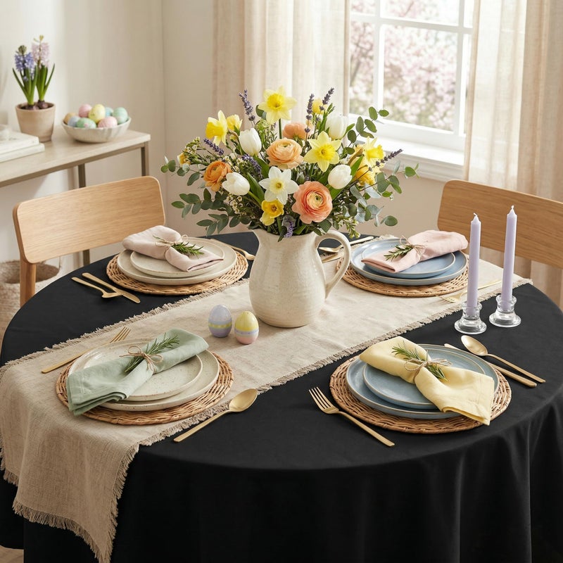 sancua Round Tablecloth - 60 Inch - Water Resistant Spill Proof Washable Polyester Table Cloth Decorative Fabric Table Cover for Dining Table, Buffet Parties and Camping, Black - Image 3