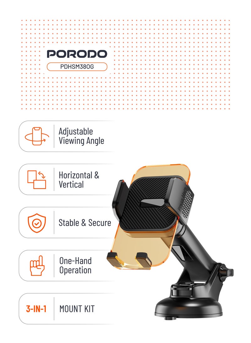 porodo 3 in 1 Mount Kit Multifunctional  Phone Holder Suitable for Air Vent, Dashboard and Windshield / Mobile Phone Holder / Car Phone Mount / Adjustable Viewing Angle / Horizontal & Vertical - Orange - Image 2