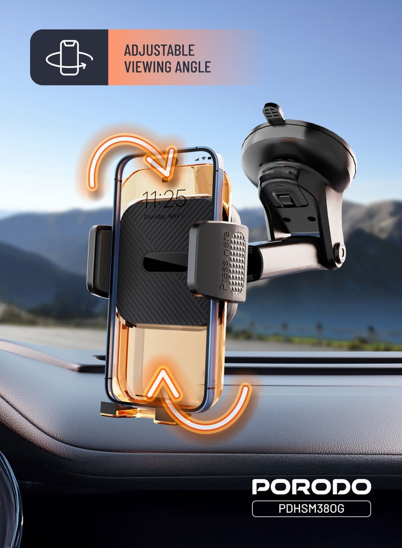 porodo 3 in 1 Mount Kit Multifunctional  Phone Holder Suitable for Air Vent, Dashboard and Windshield / Mobile Phone Holder / Car Phone Mount / Adjustable Viewing Angle / Horizontal & Vertical - Orange - Image 4