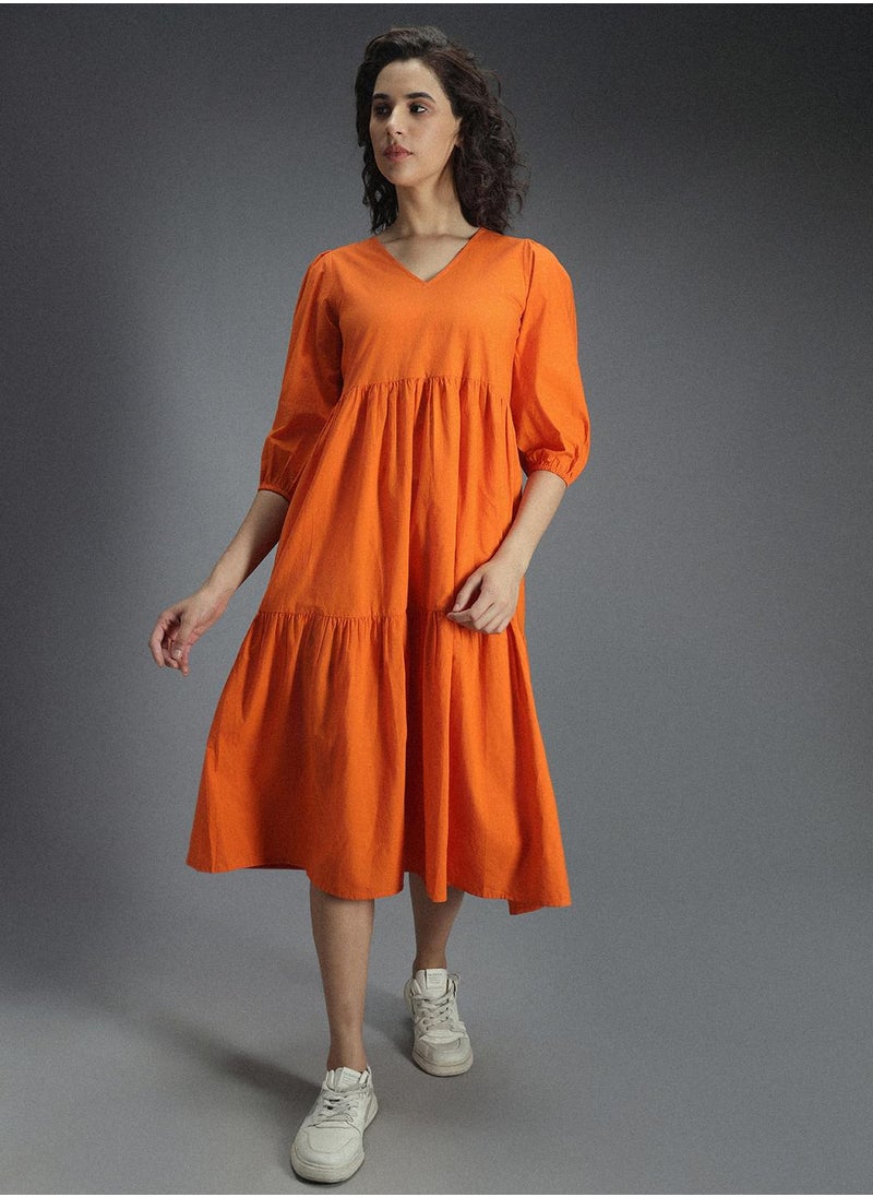 HIGH STAR - A-Line Orange Midi Dress for Women, Puff Sleeves - Image 1