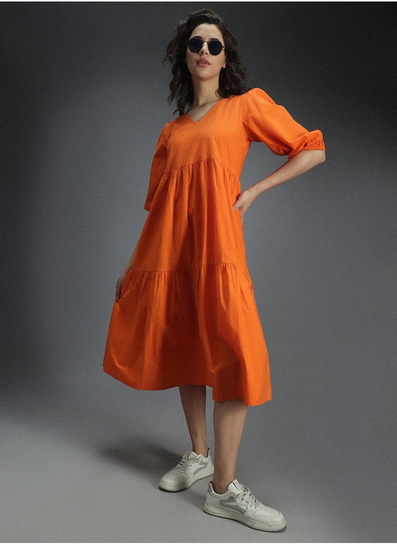 HIGH STAR - A-Line Orange Midi Dress for Women, Puff Sleeves - Image 1