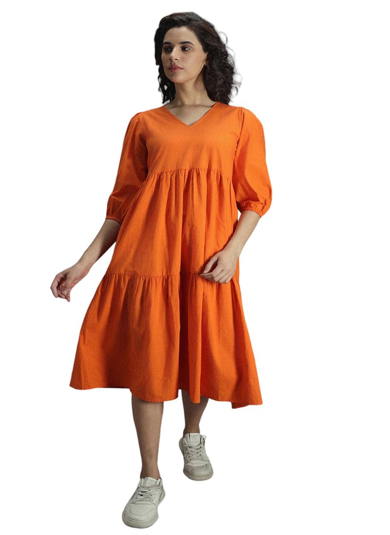 HIGH STAR - A-Line Orange Midi Dress for Women, Puff Sleeves - Image 1