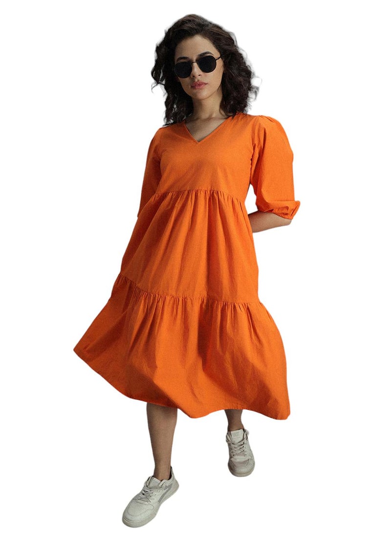 HIGH STAR - A-Line Orange Midi Dress for Women, Puff Sleeves - Image 1