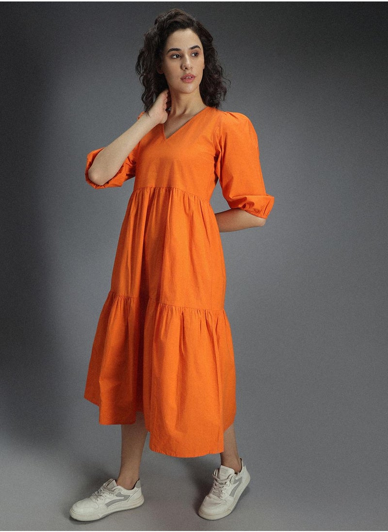 HIGH STAR - A-Line Orange Midi Dress for Women, Puff Sleeves - Image 1