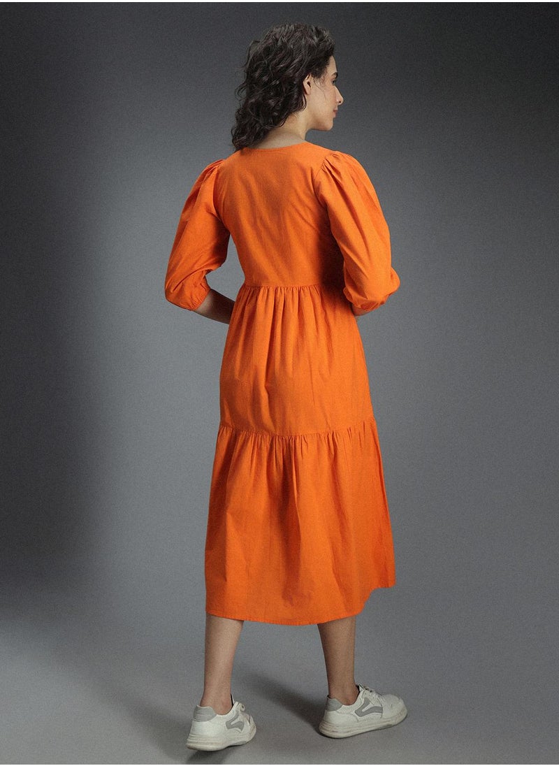 HIGH STAR - A-Line Orange Midi Dress for Women, Puff Sleeves - Image 1