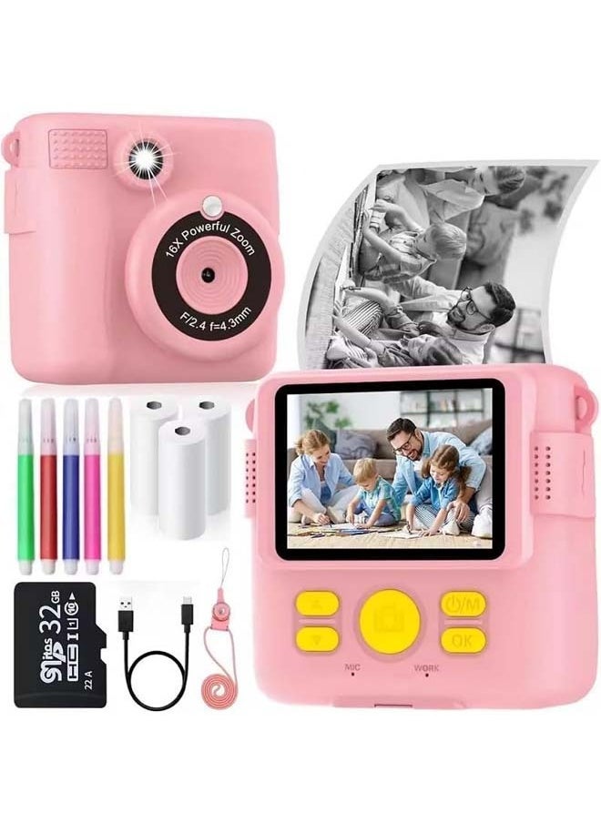 L&E Instant Print Camera for Kids, Mini Thermal Printing Camera, No Ink Required, HD Digital Video 1080P HD Cameras for Toddler, 32G TF Card, 3 Print Paper, Gift for Boys Girls (Pink)  - Image 1