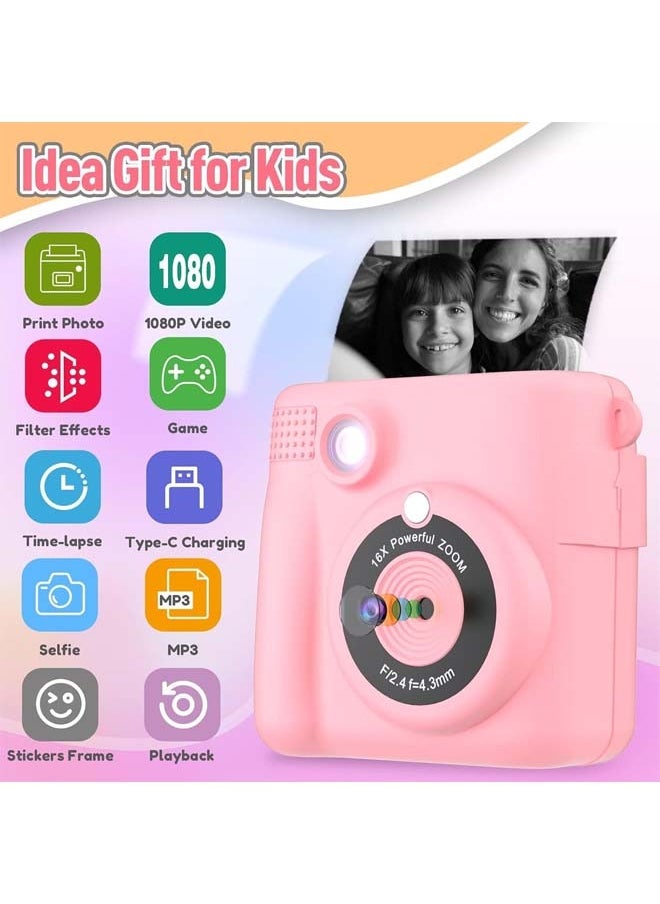 L&E Instant Print Camera for Kids, Mini Thermal Printing Camera, No Ink Required, HD Digital Video 1080P HD Cameras for Toddler, 32G TF Card, 3 Print Paper, Gift for Boys Girls (Pink)  - Image 2