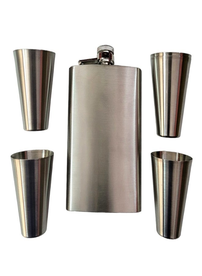 Nooks Hip Flask with Takila Shots 4pcs Stainless Steel Leak Proof Silver 8oz (230ml) Liquor Pocket Flasks or Alcoholic Beverage Holder in Silver Color - Image 1