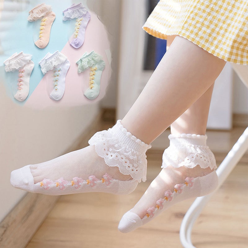 🧸 خمس أزواج جوارب قصيرة رقيقة للبنات مزينة بالدانتيل جوارب قابلة للتنفس حتى عمر خمس سنوات - Image 1