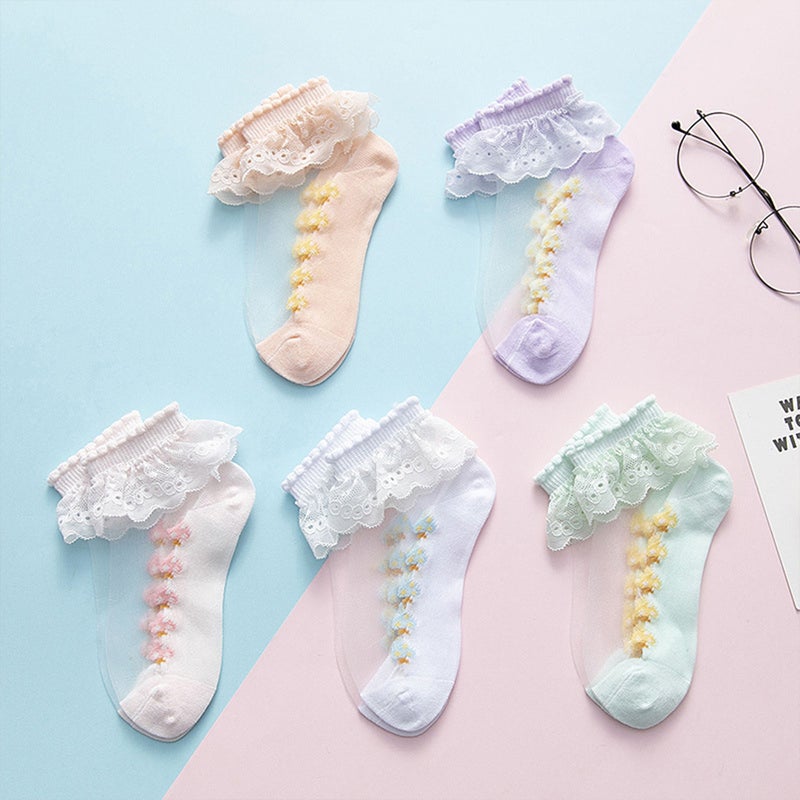 🧸 خمس أزواج جوارب قصيرة رقيقة للبنات مزينة بالدانتيل جوارب قابلة للتنفس حتى عمر خمس سنوات - Image 3