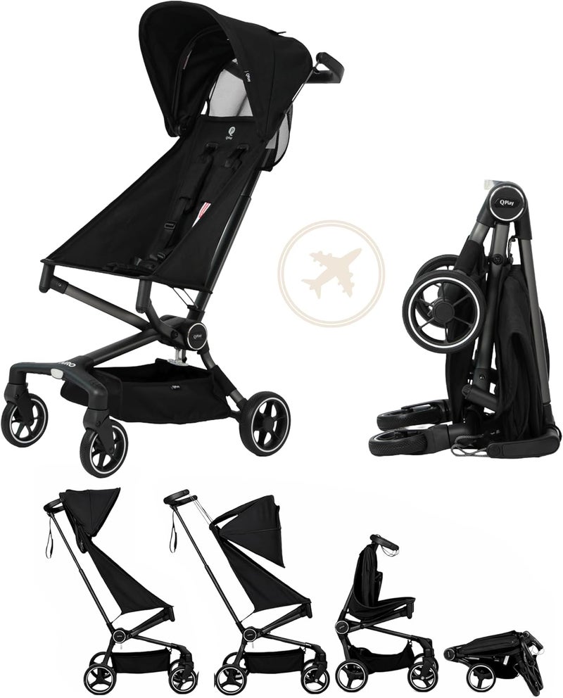 QPlay Airo Stroller, Lightweight Foldable Baby Stroller for Travel, Ultra Compact &Portable, Adjustable Recline, 5-Point Harness, One-Touch Brake, Sun Canopy, Ultra-Light Aluminium Frame, 6M-4Y, Black - Image 1