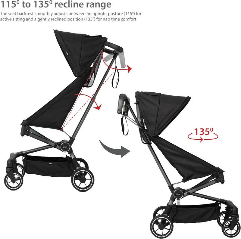 QPlay Airo Stroller, Lightweight Foldable Baby Stroller for Travel, Ultra Compact &Portable, Adjustable Recline, 5-Point Harness, One-Touch Brake, Sun Canopy, Ultra-Light Aluminium Frame, 6M-4Y, Black - Image 3