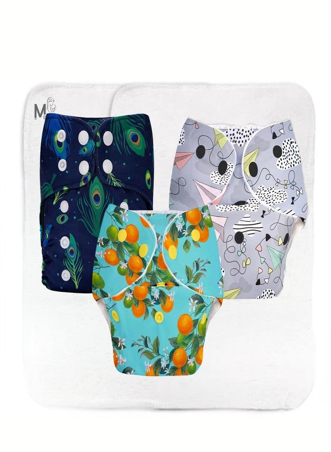 MOMSARC Baby Leakage Proof Reusable Cloth Diaper With 4 Layer High absorbent Pad + 3 Insert Pads, Reusable Nappies, Freesize for Kids 0-3 Yrs, Washable Diapers(Multicolur, Pack of 3) - Image 1