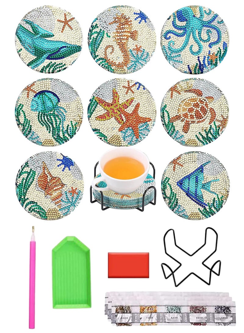 أوربازار 8 قطع من قواعد الأكواب لطلاء ألماس البحر مع حامل، وبساط عازل للحرارة لحماية المكتب، وإكسسوارات مجموعات الطلاء الماسية الصغيرة، فن يدوي الصنع يدويًا - Image 1