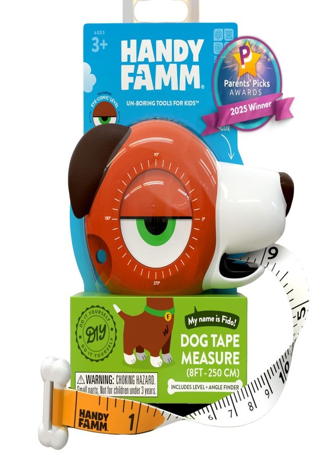 Handy Famm 8ft Interactive Dog Tape Measure for Kids with Level and Angle Finder, Montessori Educational Toys, Animal Shaped Childrens Tool Set with Bone, Pocket Tape Measurer for Kids 3 and Up, Fido