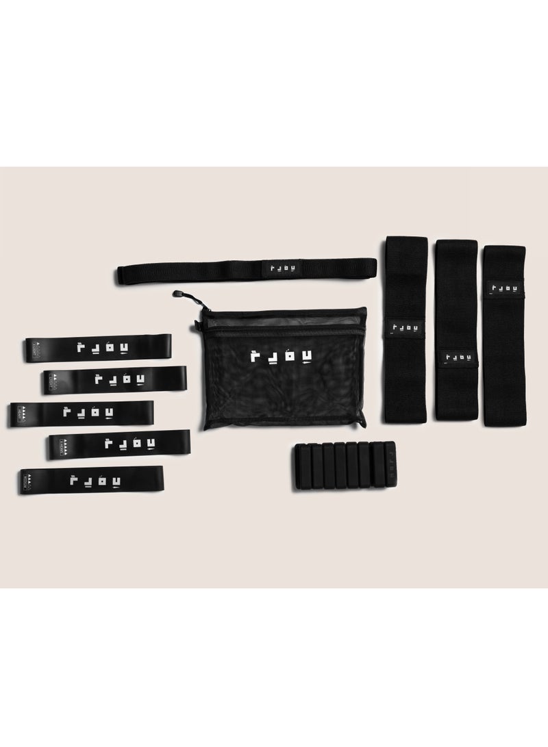 تمدد حقيبة تمارين – مجموعة كاملة من الأشرطة المقاومة والأوزان بمستويات متعددة | أشرطة تمارين شاملة تحتوي على 5 أشرطة مطاطية، 3 أشرطة قماشية، شريط قماش طويل، وأوزان للكاحل/المعصم - Image 1