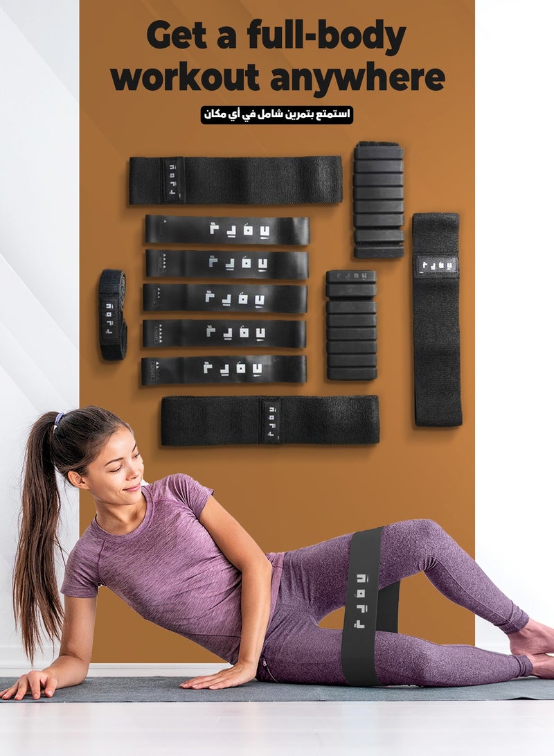 تمدد حقيبة تمارين – مجموعة كاملة من الأشرطة المقاومة والأوزان بمستويات متعددة | أشرطة تمارين شاملة تحتوي على 5 أشرطة مطاطية، 3 أشرطة قماشية، شريط قماش طويل، وأوزان للكاحل/المعصم - Image 4