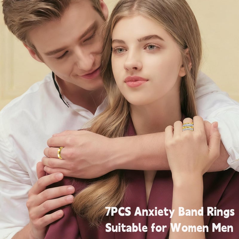 LOFITOR Gold Fidget Rings for Anxiety 7pcs Stainless Steel Spinner Ring Anti Anxiety Ring Spinning Interlocking Cool Stress Relieveing CZ Fold Rings for Women Men Band Rings Set CZ Size 7 - Image 2