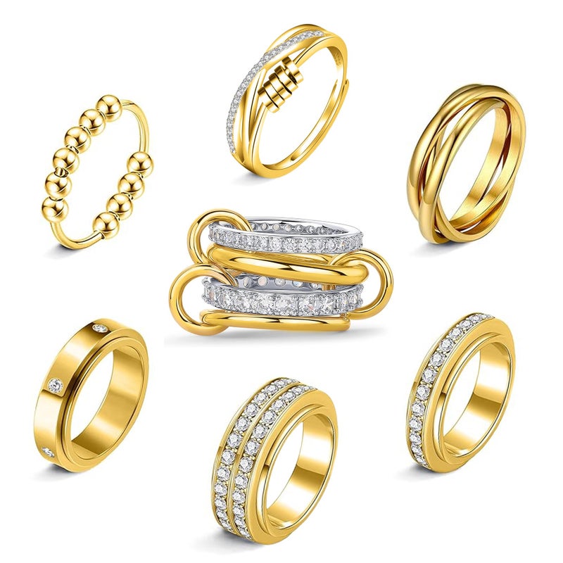 LOFITOR Gold Fidget Rings for Anxiety 7pcs Stainless Steel Spinner Ring Anti Anxiety Ring Spinning Interlocking Cool Stress Relieveing CZ Fold Rings for Women Men Band Rings Set CZ Size 7 - Image 1