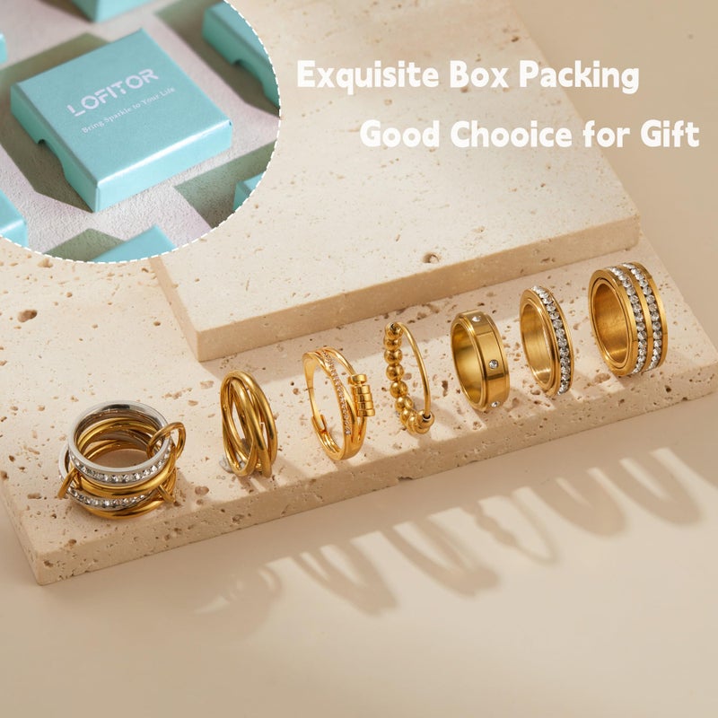 LOFITOR Gold Fidget Rings for Anxiety 7pcs Stainless Steel Spinner Ring Anti Anxiety Ring Spinning Interlocking Cool Stress Relieveing CZ Fold Rings for Women Men Band Rings Set CZ Size 7 - Image 3