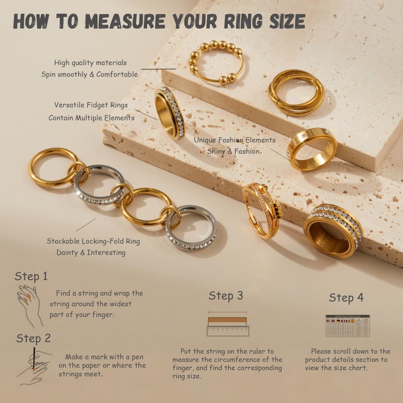 LOFITOR Gold Fidget Rings for Anxiety 7pcs Stainless Steel Spinner Ring Anti Anxiety Ring Spinning Interlocking Cool Stress Relieveing CZ Fold Rings for Women Men Band Rings Set CZ Size 7 - Image 5
