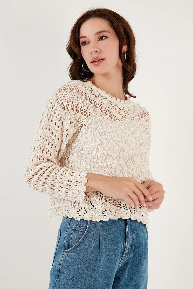 Lela Openwork Crew Neck Knitted Sweater Women's Sweater 6071511