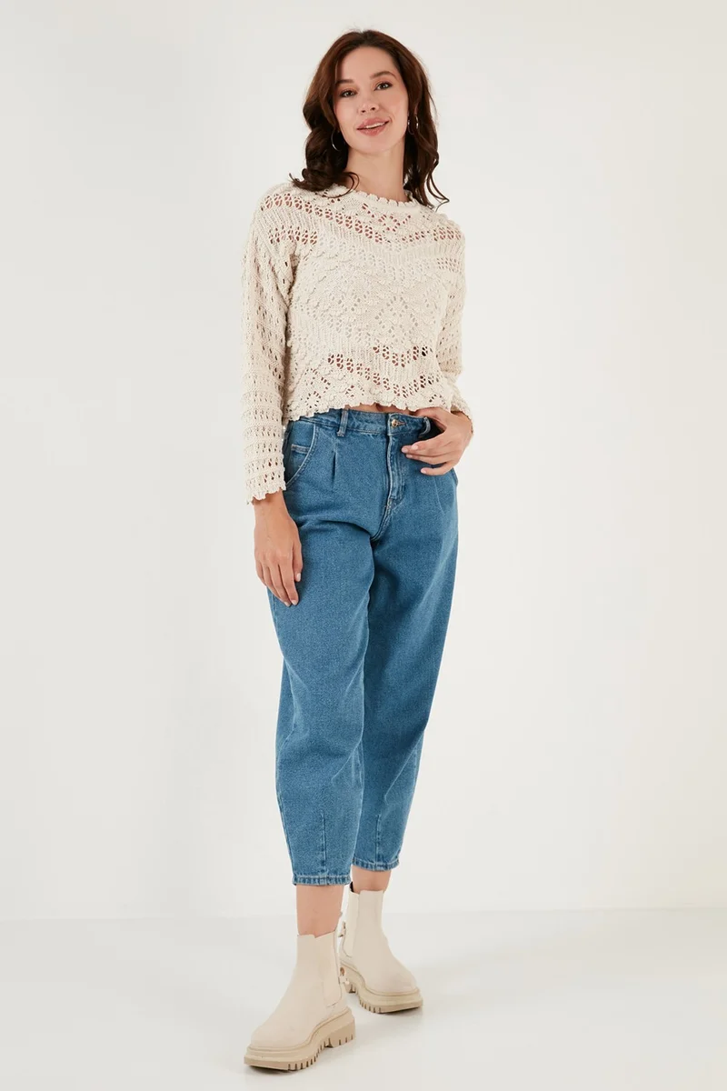 Lela Openwork Crew Neck Knitted Sweater Women's Sweater 6071511