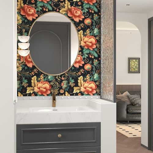 BOKEBEVE Colorful Floral Peel and Stick Wallpaper Boho Vibrant Contact Paper Stick Peel Cabinet Vintage Wallpaper for Bedroom Bathroom Wall Removable Black 17.5 x 393.5In - Image 4