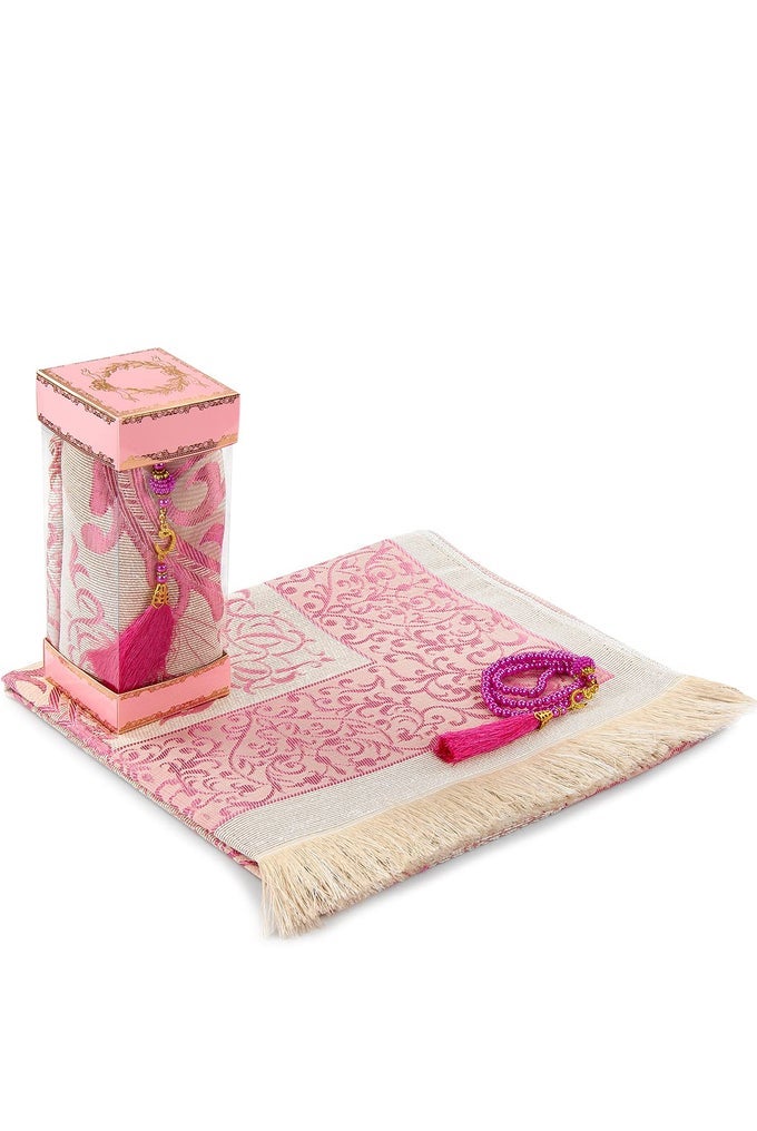 MUSLIM PRAYER RUG AND PRAYER BEADS WITH ELEGANT GIFT BOX JANAMAZ SAJADAH SOFT ISLAMIC PRAYER RUG ISLAMIC GIFTS SET PRAYER CARPET MAT TAFFETA FABRIC PINK