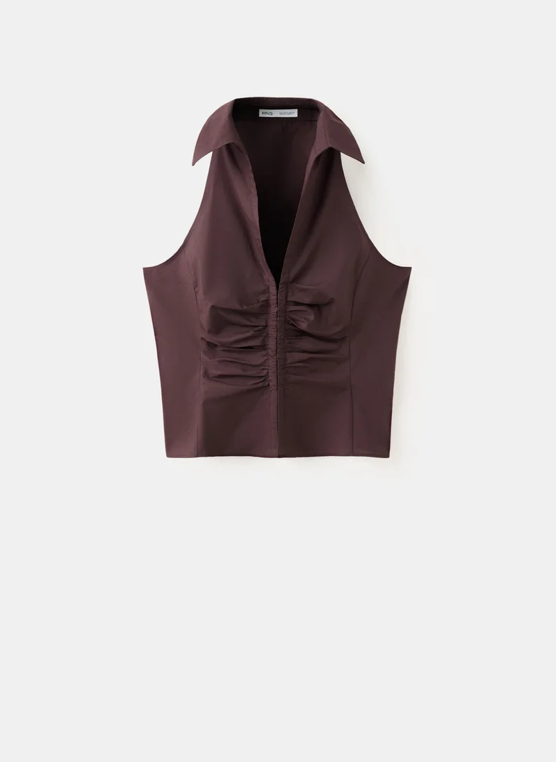 Mango 30-MARRON V-Neck Gathered Blouse for Women | Best Price UAE