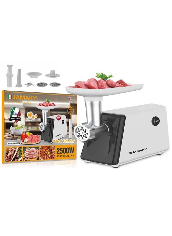 Jamaky Italy مفرمة الطعام جامكي JMK8004 2500W هي مفرمة طعام قوية ومتعددة الاستخدامات يمكنها التعامل مع مجموعة متنوعة من المهام. تتميز بقوة 2500 واط، مما يجعلها قادرة على طحن اللحوم، والخضروات، والفواكه، والحبوب، والمزيد.(تقنية ايطالية ) 