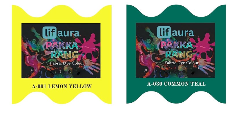 Prokart Lifaura Pakka Rang Fabric Permanent Dye Color Kit Pack of 6 Sachets 5g Each 30g Pack with 30g DyfixerShadeA001 Lemon Yellow01 Teal Green30 Each Color 3 sachets - Image 1