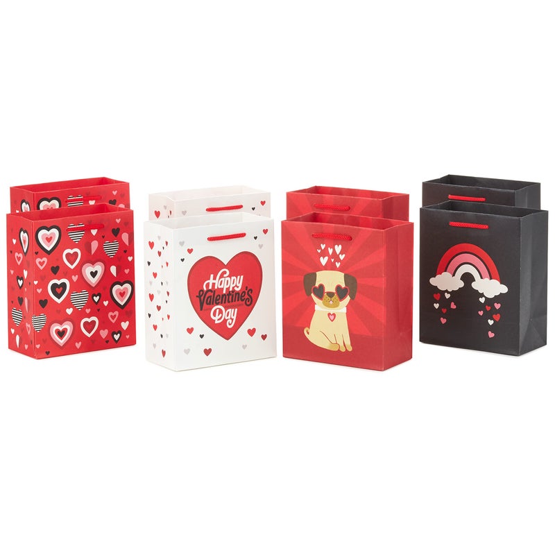 Hallmark 6 Small Valentines Day Gift Bags 8 Bags 4 Designs Hearts Rainbows Pug Puppy for Kids Classroom Parties Galentines Day