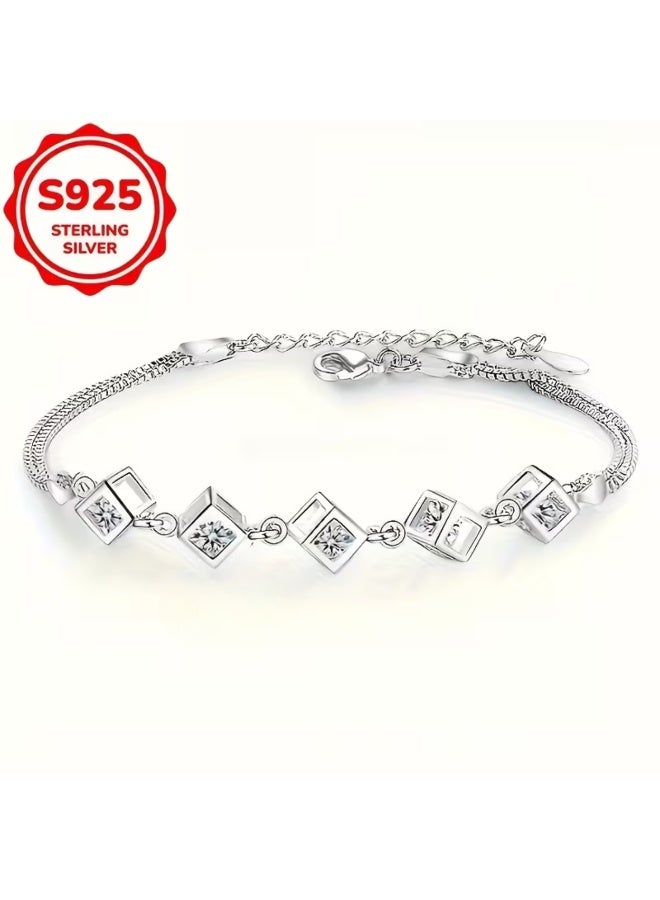 aeen S925 Sterling Silver Square Geometric Bracelet – Elegant Love Cube Design, High-End Versatile Women’s Jewelry for Daily Wear, Birthdays & Christmas Gifts - Image 1